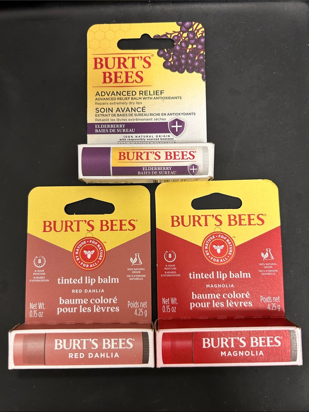 NWT 🆕 Burt's Bees THREE Lip Balms/ Magnolia & Red Dahlia (Tinted) & Elderberry